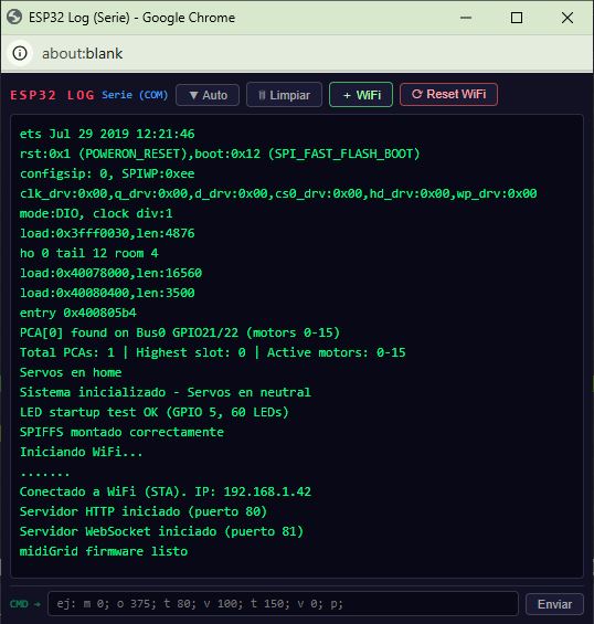 Ventana de Log del ESP32 con los botones para configurar la WiFi